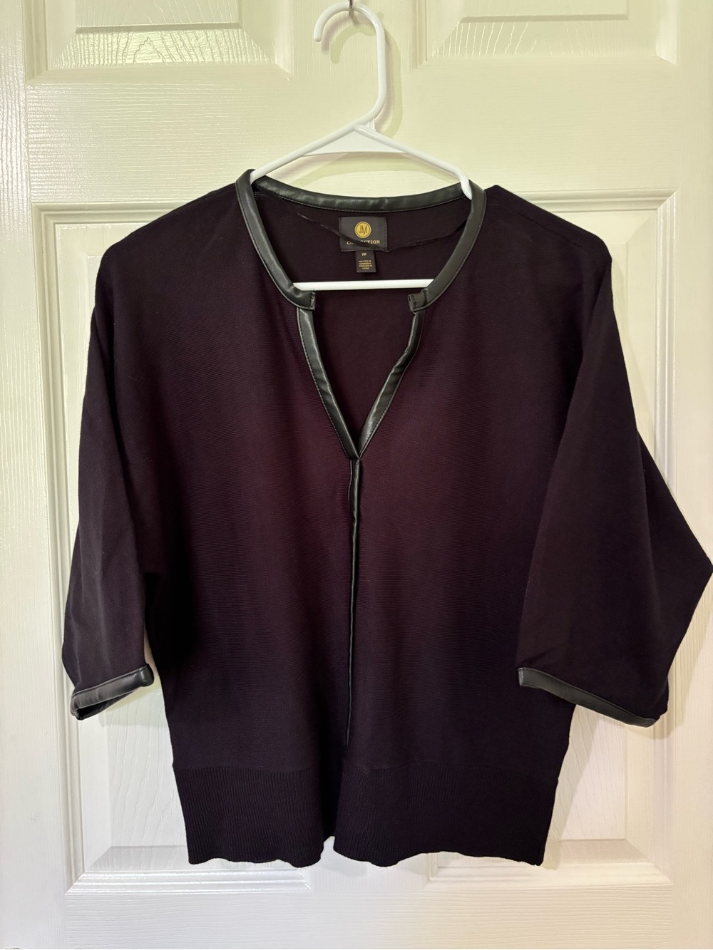 JM Collection Black Top with Faux Leather Trim
